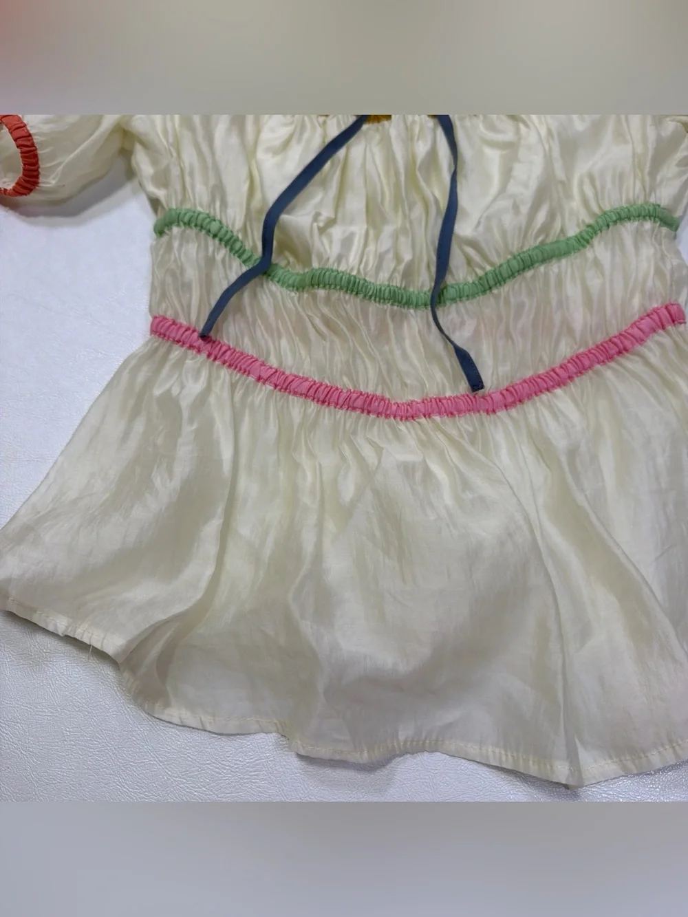 Anthropologie Current Air Cream Puff Sleeve Peasant Top with Multicolor Trim